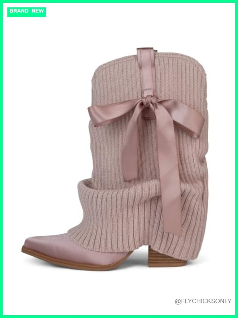 Knitted Cowboy Boots Fold Over Slouch Western Mid Calf Pull On Chunky Heel